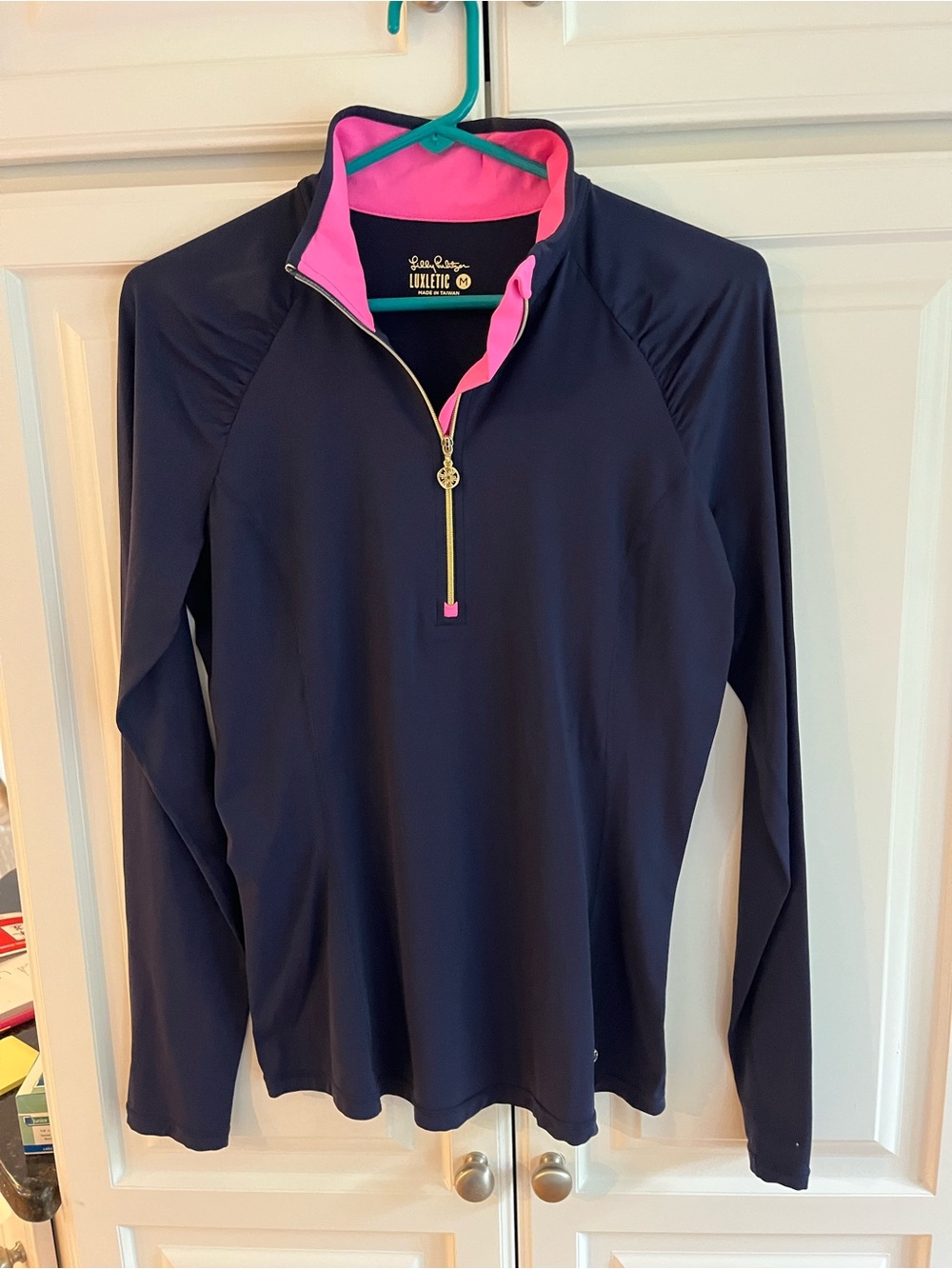 Lilly Pulitzer Luxletic Navy Half-Zip Pullover with Hot Pink Accents